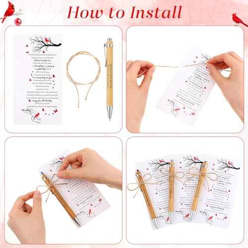 Janlaugh 100 Set Memorial Funeral Favors Include Cardinal Prayer Cards and Bamboo Ballpoint Pens Funeral Pocket Token for Guest Sympathy Remembrance Gifts for Loss of Loved One