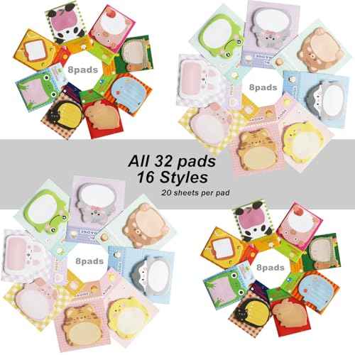 32 Pads Cute Sticky Notes, Animal Sticky Notes Self Adhesive Cartoon Notes Memo Pads Notes Page School Tab for School Office Supplies
