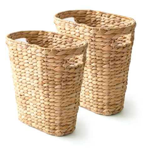 KOKODO Pack of 2 Oval Water Hyacinth Waste Basket ? Handwoven Wicker Trash Can with Handles & Metal Frame, BOHO Decorative Garbage Bin for Bathroom, Bedroom, Home Office (2-Pack)