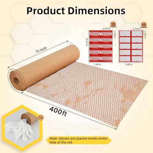 Honeycomb Packing Paper 15"x400' Roll with Fragile & Labeling Stickers, Gloves - Bubble Wrap for Moving,Products & Gifts Wrapping Paper, Recyclable & Biodegradable Cushioning Packing Material