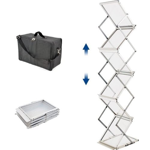 Displayfactory Pop up Aluminum Magazine Rack, 6 Pockets Brochure Display Stand, Foldable Literature Rack Magazine Catalog Display Stand with Carrying Bag for Office,Store, Exhibition & Trade Show