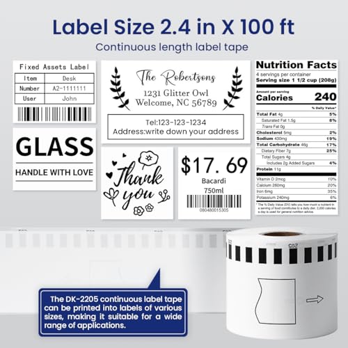 12 Rolls DK-2205 62mm x 30.48m (2-3/7" x 100') Continuous Length White Paper Label Tape Roll Compatible with Brother QL-600 800 810w Thermal Printers, 1 Frame