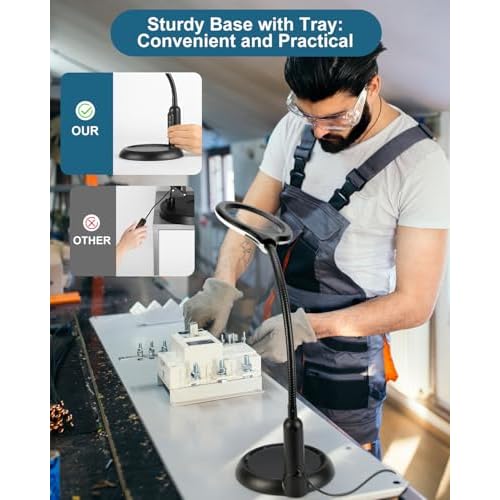 10X Magnifying Glass with Light and Stand, LED 5 Color Modes, Brightness Stepless Dimming Lighted Magnifier Hands Free, Flexible Gooseneck Desk Lamp with Clamp for Close Works, Crafts, Hobby, Painting