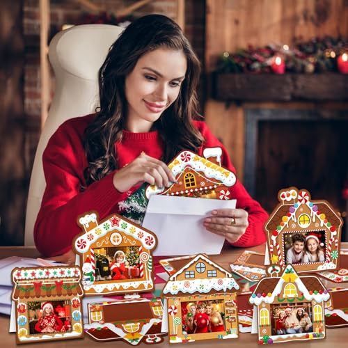 200 Sets Christmas Photo Cards with Envelopes Stickers Christmas Cards with 4 x 6 Photo Insert Picture Frame Holders for Xmas Holiday Greeting Supplies(Gingerbread House, White)