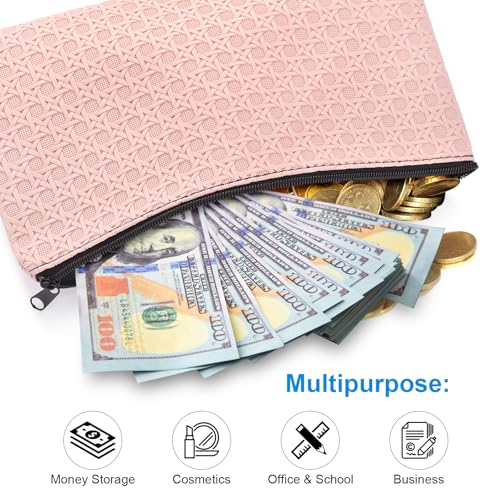Wteehn 2-Pack Money Bags – PU Leather Zipper Pouches for Cash, Coins, Receipts (Black + Light Pink)