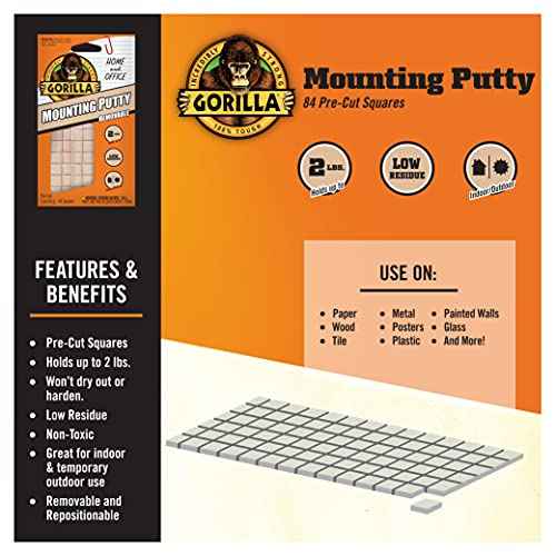 Gorilla Mounting Putty, Natural Tan Color, 84 Pre-Cut Squares (Pack of 8) - Non-Toxic Removable & Repositionable Wall Putty