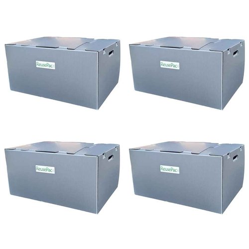 REUSEPAC Reusable Foldable Box Corrugated PP Lightweight, Storage Moving Mailing, Heavy Duty Stackable, Tape Free Self-Locking Lid for Business Home In/Outdoors (Gray 4 Pack, 24x16x12in)