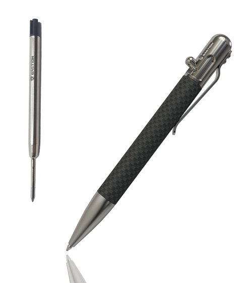 BASTION Carbon Fiber & Stainless Steel Pen Plus 1 Gel Black Ink Refill | Luxury Bolt Metal Fine Point (0.5mm) For Women & Men Ballpoint Pen Combo Gift Set