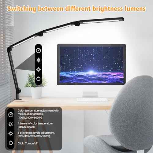 LED Desk Lamp with Clamp,Adjustable Swing Arm Desk Lamps for Home Office,Dimmable Tempering Eye Care Desk Light Bright Modern Led Table Lamp for Nail Tech Architect,Flexible Tall Task Table Light
