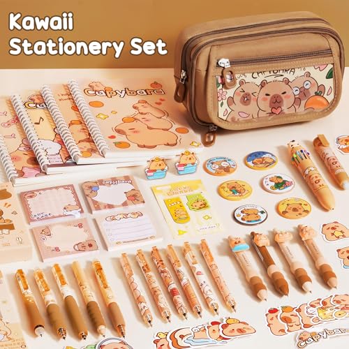 Fimibuke Kids School Supplies for Girls, 36PCS Cute Capybara Stationery Set with Pencil Case Gel Pens Pencils Stickers Notebooks Sticky Note Kawaii Birthday Christmas Gifts for Kindergarten Elementary