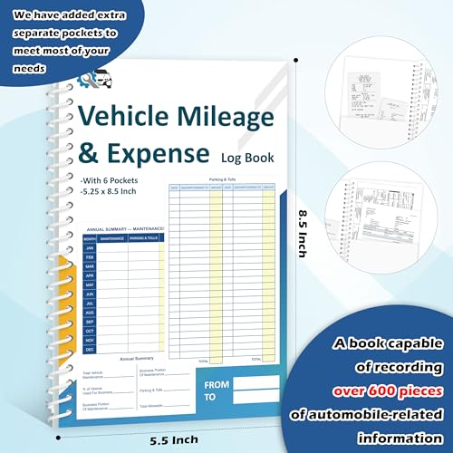 GLDTPOZK Auto Mileage & Expense Journal 60 Pages, 6 Pockets, 600+ Entries 5.25 x 8.5 – Vehicle Log Book