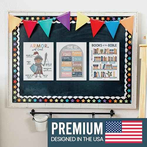 Hadley Designs Sunday School Decorations for Classroom ? 9 Bible Posters for Kids, 11x14in Books of the Bible Poster, 10 Commandments, Fruits of the Spirit & More ? Boho Christian Classroom Decor