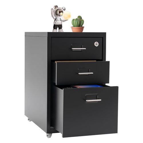 3 Drawers Rolling File Cabinet with Lock, 18.3" H Metal Filing Cabinets, Wheeled Vertical Filing Organization Under Desk for Home Office, Heavy Duty for A4/Letter/Legal Size File (Black, 3 Drawer)