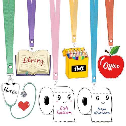 6 Sets Hall Passes for Classrooms - Unbreakable Wooden Hall Pass Lanyards, Classroom Passes for Bathroom, Hall, Library, Office and Nurse School Classroom Supplies Teacher Gifts