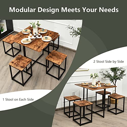 COSTWAY 5-Piece Dining Set for 4 Brown Square Table with 4 Stools