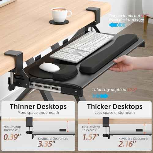Keyboard Tray, 25 in. Pine Plastic, Keyboard tray Under Desk with Wrist Rest, Mouse Pad, Cup Mat, Lightweight Slide Out Tray, Easy Assemble Adjustable C clamp