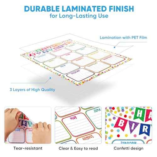 FaCraft Birthday Chart Poster for Classroom - Confetti Happy Birthday Poster Calendar Boho Reusable Laminated Classroom Birth day Chart Class Bulletin Board Decorations Back to School Teacher Supplies