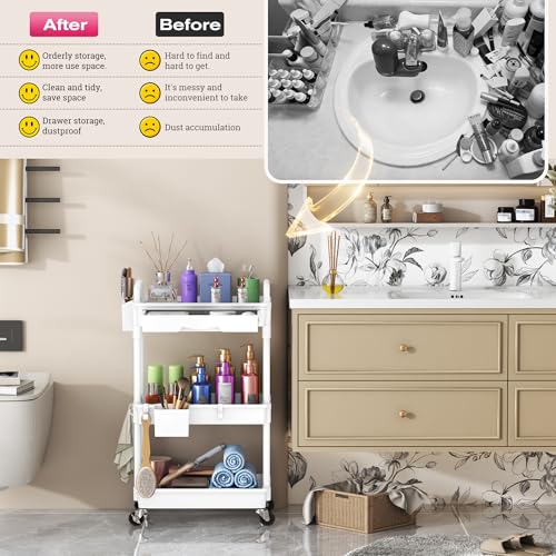 Goovilla Rolling Makeup Organizer Cart with Removable Drawer - White, 3-Tier