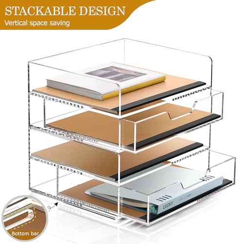 SANRUI Desk Organizer with Sliding Drawer Desk Organizers and Accessories for Office Organization and Storage, Acrylic File Organizer Drawer Stackable 2-Tier Paper Organizer,Clear