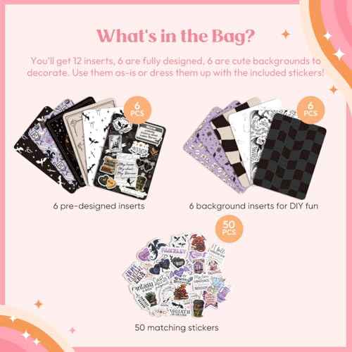 Kaciola 12PCS Inserts Cardstock for E-Reader, 50PCS Stickers for Clear Case Insert, 6.9"x4.8" Fantasy Theme Inserts Compatible with Paper White 11th-12th Gen, E-Reader Gift for Booklover Reader