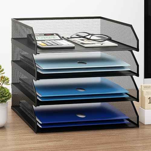 Natwind 4-Tier Stackable Paper Tray, Metal Mesh Desktop Organizer, A4 Paper Sorter, Letter Trays,File Folder Sorter Organizer with Sliding Tray for Home, Office, School (Black)