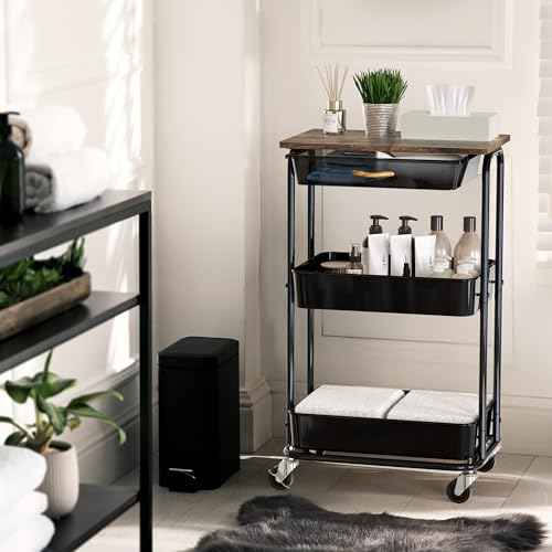 Simple Houseware 2-Tier Rolling Utility Cart with Top Board and Sliding Drawer, Rustic Brown