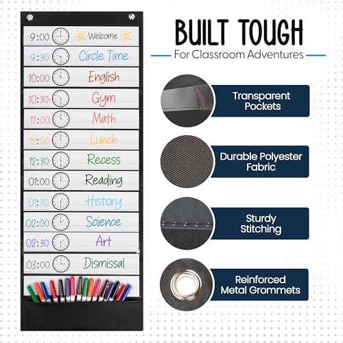 Essex Wares - 13 Pocket Daily Schedule Pocket Chart, Ultra-Durable Visual Schedule for Kids - Easy to Use, Reusable Daily Schedule for Kids - Reversible Chart for Sentence Strips