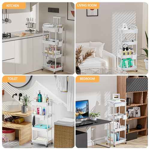 4 Tier Rolling Utility Cart with Drawer,REBECAT Utility Cart Made of Multifunctional Storage Organizer Tool for Kitchen,Bathroom,Living Room,Office(Gray)