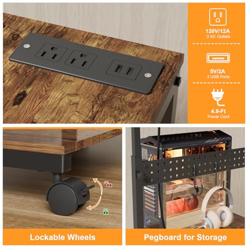 Computer Tower Stand with Charging Station, Height Adjustable 2-Tier CPU Stand with Power Strip and USB Ports, PC Tower Cart with Wheels and Printer Shelf, Rustic Brown and Black