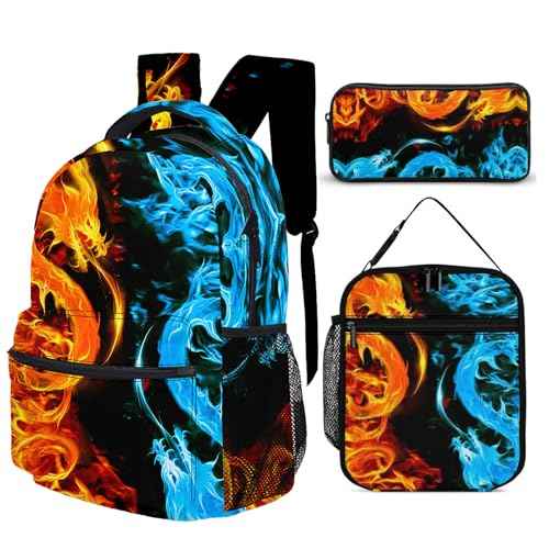 3pcs Bright Ice & Fire Dragon Backpack Set, Multi-functional Laptop Bag 17in Water Resistant Travel Daypack, Large Capacity Double Shoulder Backpack With Lunch Bag (Bright Ice & Fire Dragon