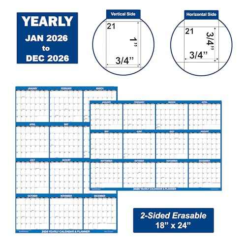 18" x 24" SwiftGlimpse 2026 Wall Calendar Erasable Large Wet & Dry Erase Laminated 12 Month Annual Yearly Wall Planner, Reversible, Horizontal/Vertical, Navy
