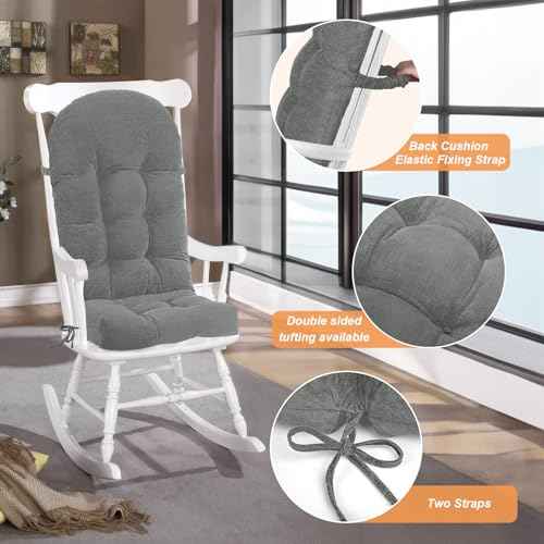 Rocking Chair Cushion - Chenille Fabric, High-Density Sponge, Durable Comfort Double-Sided Tufted Seat Pads with Ties, Chenille?Pearl Light Grey, 44x19x4 inch