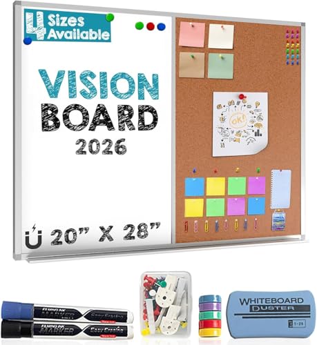 Besso 2026 Vision Board Set with Whiteboard & Cork Bulletin Board, Magnetic & Dry Erase Combo, 20x28 inches