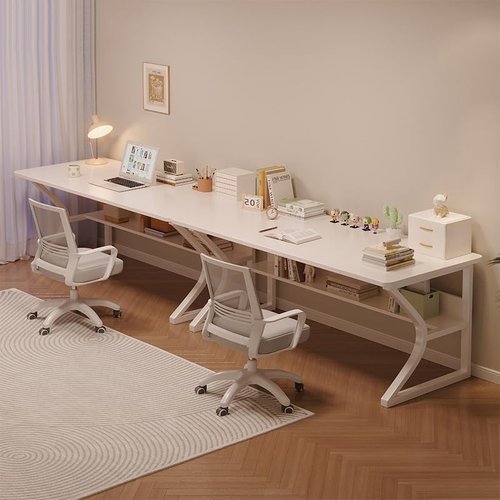 OSCHF Extra Long Desk - 71" Double Writing Table with Bookshelf for 2-Person Workstation | Modern Warm White