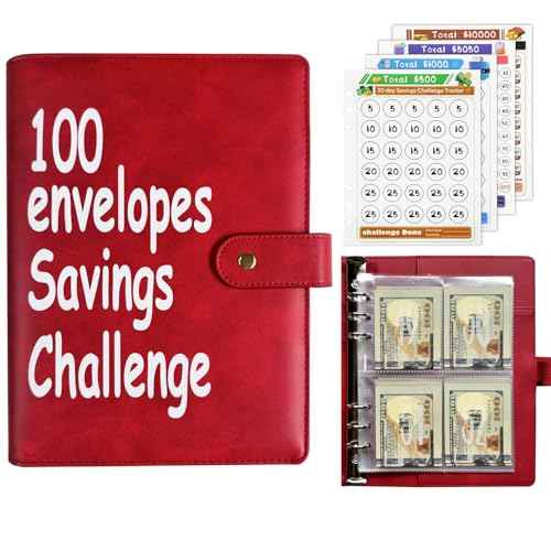 100 Envelopes Money Saving Challenge Binder, Fun and Easy Savings System to Save $5,050, $10,000, $500, $1,000, A5 Budget Binder Planner Book Tracker with Cash Envelopes, Guide (Red)