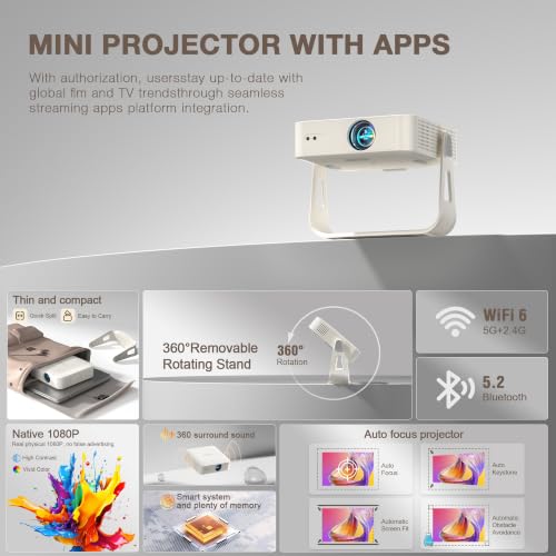White Portable 4K Smart Mini Projector with WiFi Bluetooth - Native 1080P Outdoor Cinema