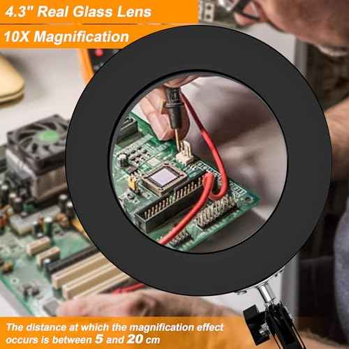 10X Magnifying Glass with Light and Stand, 2-in-1 LED Magnifier Desk Lamp, 3 Color Modes 10 Level Dimmable, Hands-Free Lighted Magnifier for Craft Repair Nail Reading Close Works (Black, Base)