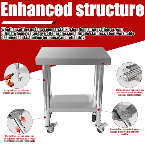 Stainless Steel 24x12x33in Prep Table with 320 lb Top Load, 4 Caster Wheels