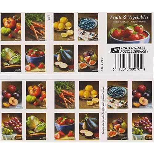 USPS Fruits & Vegetables (Book of 20) (Plums, Cherry Tomatoes, Carrots, Lemons, Blueberries, Red and Green Grapes, Lettuce, Strawberries, Eggplants, Figs) Postage Forever Stamps 2020 Scott #5484-5493