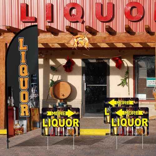 Liquor Feather Flag Pole Kit Include 7 ft Banner Flag with Poles 5 Pcs Liquor Drink Yard Signs and 10 Pcs Ground Stake for Bar Drink Business Outside Advertising Market Store