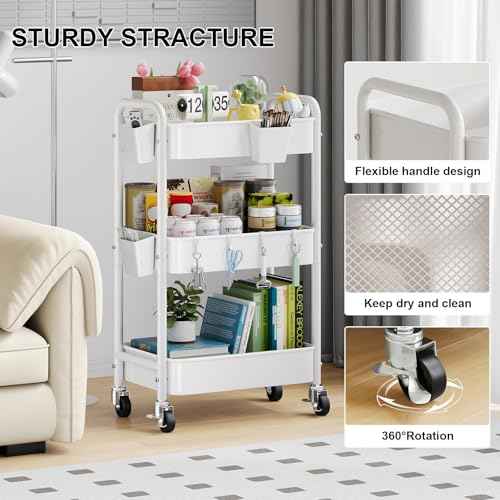 3 Tier Rolling Cart Metal with Wheels, White Three Tiered Craft Cart Organizer on Wheels, Storage Utility Carts for Art, Baby Nursery,Diaper Caddy, Cleaning Supplies, Nail,Lash,Snack,Book,Roller Shelf