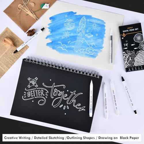 HNIHUY White Ink Pens, Fine Point White Gel Pens, Brush Tip Acrylic Markers, Dual-Tip Opaque Paint Pens for Black Paper Drawing, Sketching, Illustration, Card Making, 6 Pack