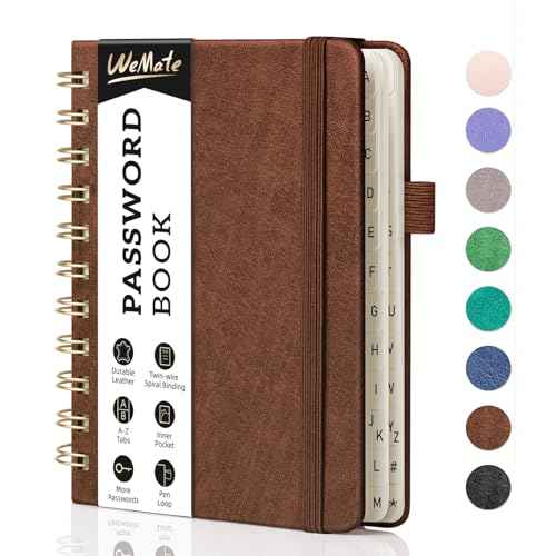 WEMATE Password Book with Alphabetical Tabs, Spiral Password Keeper Book for Seniors, Internet Password Notebook Password Journal Logbook Log in Detail, Small ? 4.7''x 6'' (Brown)