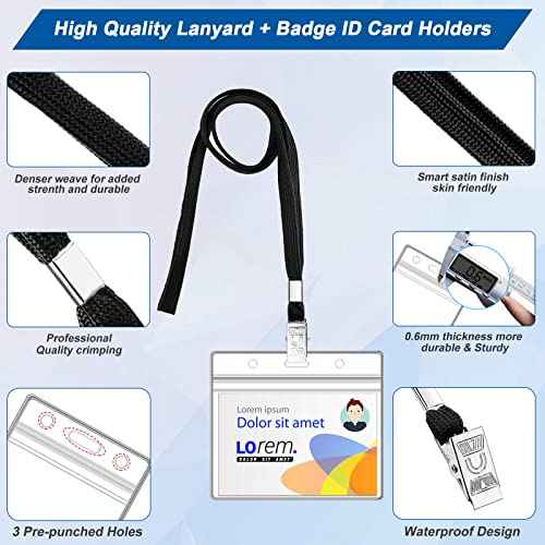 30Pcs Lanyards for Id Badges and 30 Pcs Clear Plastic Horizontal Name Badge ID Card Holders, Neck Lanyards with Metal Clip Waterproof Resealable Name Tag Badge ID Card Holders, Black
