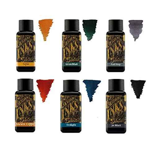 Diamine Fountain Pen Ink 30 ml - Base Colour - 6 x Bottles - Sepia, Green Black, Earl Grey, Ancient Copper, Twilight, Jet Black