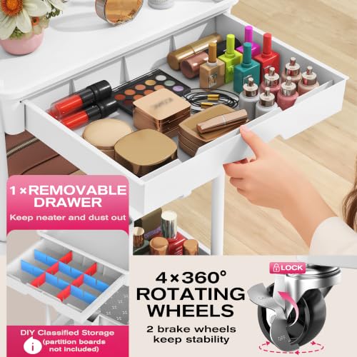 Goovilla Rolling Makeup Organizer Cart with Removable Drawer - White, 3-Tier