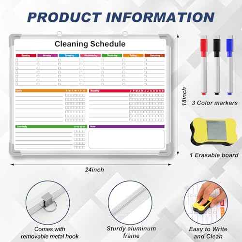Honoson 18x24 Inch Chore Chart Whiteboard for Kids Hanging Cleaning Checklist Dry Erase Whiteboard with Aluminum Frame Double Sided Daily Weekly Monthly Chore Schedules, 3 Markers & 1 Eraser