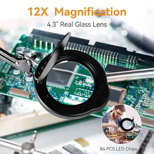 12XMagnifying Glass with Light and Stand|Magnifying Lamp with 3-Section Swing Arm,5 Color Modes LED Lighted Magnifier Lamp for Workbench (Black(Ultra Long))