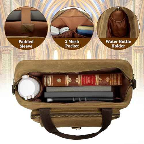 Damero Bible Tote Bag for Men, Large Bible Bag with Cup Holder, Waxed Canvas Church Bag Bible Cover Bag with Detachable Shoulder Strap