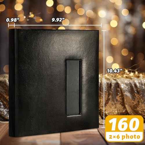 Wedding Guest Book with Photo Booth Insert - 160 2x6 Photo Sleeves & Guest Signing Space, PU Leather Memory Album for Weddings, Parties, Family Memories (Black)